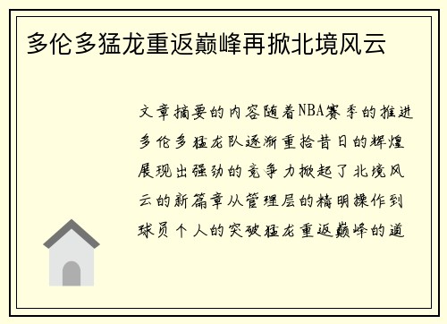 多伦多猛龙重返巅峰再掀北境风云